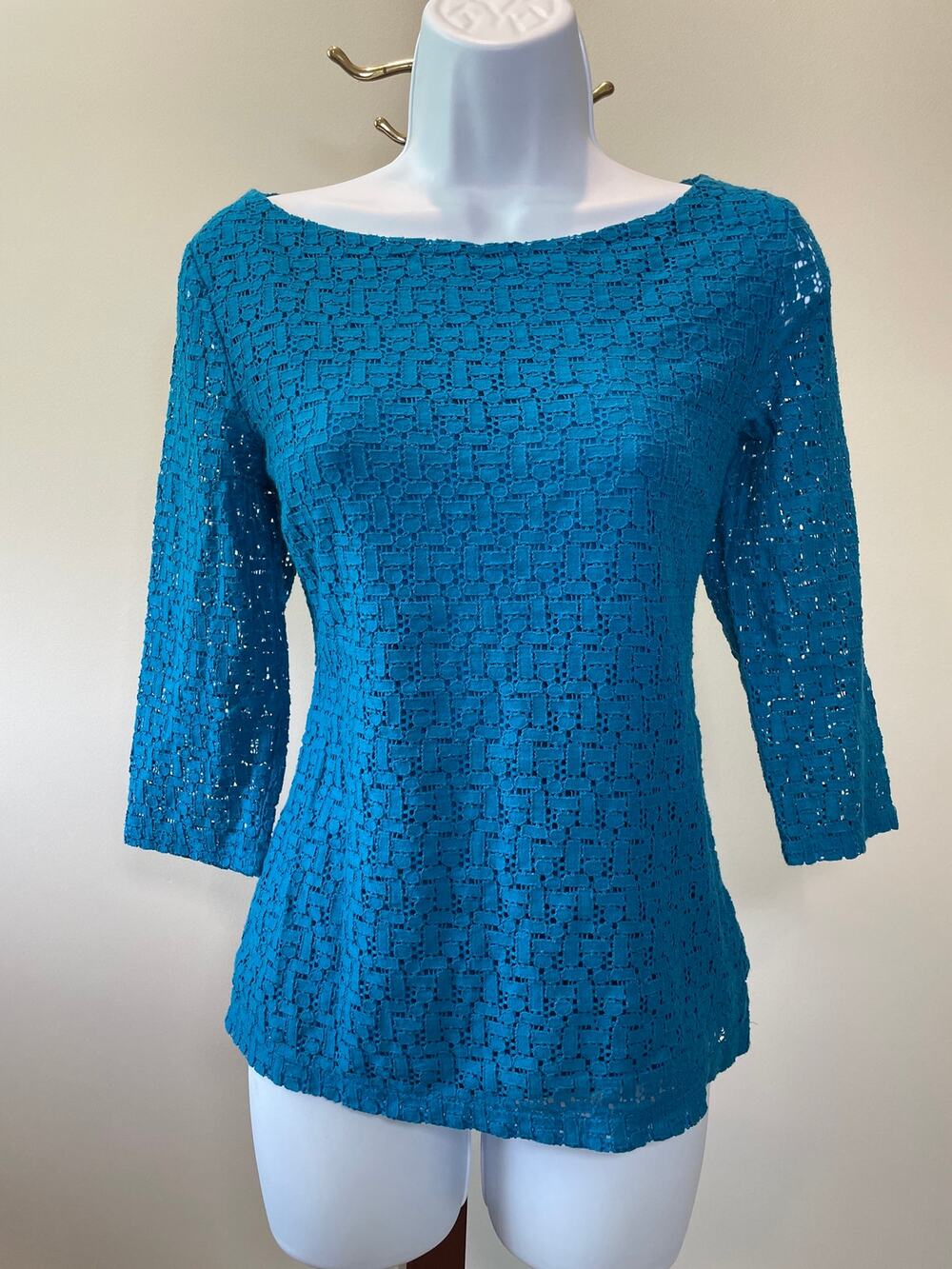 Banana Republic Geometric Knit Top – Size 6 – Blue – 3/4 Sleeve Fully Lined